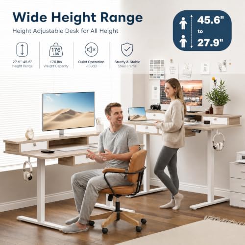 Grandder Electric Standing Desk with Four Drawers, Sit to Stand Up Height Adjustable Desk with Storage Shelf for Home Office, 47 * 28 Inch, Study, Ergonomic Adjustable Computer Desk, Maple - Image 3
