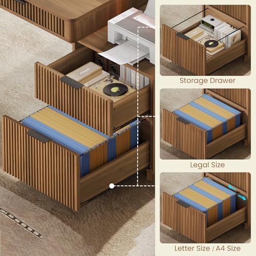 SEDETA Modern Office Desk with 4 Drawers, 59" Fluted Gaming Computer Desk with Storage, LED Lights and Power Strip, Wood Writing Desk Study Table for Home Office, Living Room, Bedroom, Brown - Image 4