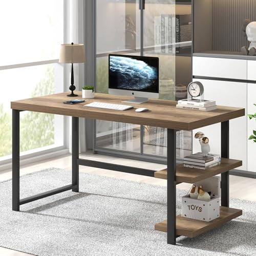 FOLUBAN Computer Desk, Wood and Metal Home Office Desk with Storage Shelves, Small Study Writing Table Workstation for Bedroom Living Room, Rustic Oak, 47 Inch - Image 3