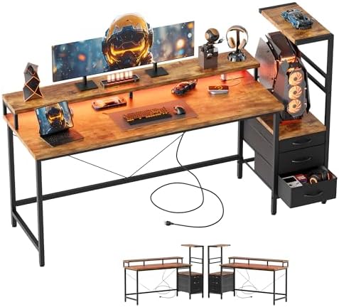 Mericonia 52 inch Gaming Desk with Drawers, Reversible Computer Desk, Brown by MERICONIA