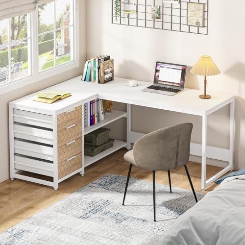 Tribesigns L Shaped Computer Desk with Storage Drawers, 59 inch Corner Desk with Shelves, Reversible L-Shaped Office Desk Study Writing Table Workstation for Home Office, White - Image 5