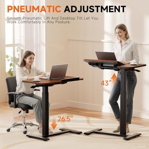 COMHOMA Tiltable Mobile Small Standing Desk, Pneumatic Adjustable Height Overbed Bedside Table with Wheels, Sit Stand Portable Rolling Laptop Desk Computer Workstations, Walnut - Image 3