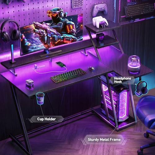 Korfile 40 Inch Gaming Desk with LED & Power Outlet, Carbon Fiber Black - Image 6