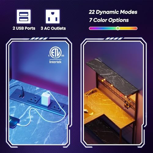 Bestier 42 Corner Computer Desk with Power Outlets LED Lights, Black Marble - Image 4