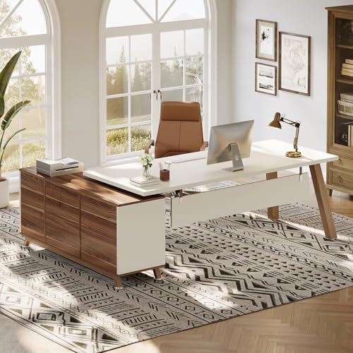 Tribesigns 78.7" L-Shaped Executive Desk, Modern Office Desk with File Drawers & Storage Shelves, Large Computer Desk with 55-Inch Cabinet, Business Workstation for Home Office, Beige & Walnut - Image 7