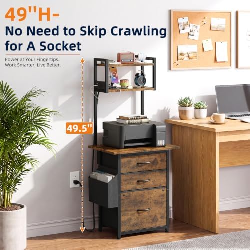 HIGDBFE 3 Drawer File Cabinet with Charging Station, 49.5''H Tall, 3-Tier Small Filing Cabinet for Home Office, 20''*15'' for Small Printer, Fabric Drawer, Printer Stand, Rustic Brown - Image 3