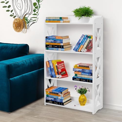 White Bookcase by Natural Wood, 4 Tier Bookshelf, Small Book Shelves Freestanding Display Storage Shelves. Open Bookshelf for Bedroom, Living Room and Office (White, 4 Tier) by YCICIHOMEGARDEN