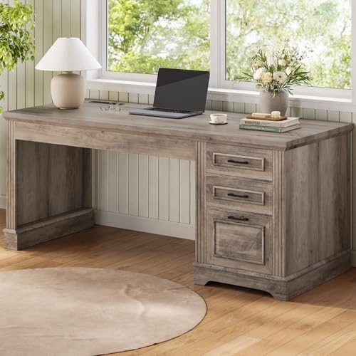 Itaar Farmhouse 55" Executive Desk, Computer Desk with Storage Drawers and Power Outlet, Home Office Desk, Workstation for Office Home, Grey by Itaar