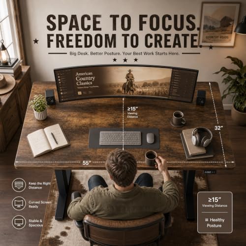Grandder 55x32 Extra-Deep Electric Standing Desk, Wide Desktop Fits 49" Ultrawide Monitor+Dual Screens, 176 lbs Capacity, 2 Memory Presets, Computer Desk for Home Office & Gaming, Rustic Brown - Image 2
