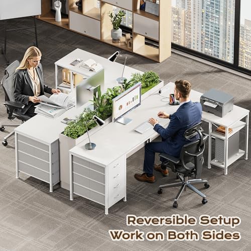 Huuger 63 Inch L Shaped Desk with Fabric Drawers, Reversible Computer Gaming Desk with Power Outlets and USB-C Port, Adjustable Side Storage Shelves, for Work Study Corner Home Office, White - Image 2