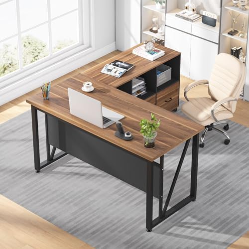 Tribesigns 55-Inch Executive Computer Desk with 43-Inch Lateral File Cabinet, Large Workstation Business Furniture, L Shaped Desk with Drawers and Storage Shelves for Home Office, Walnut - Image 4