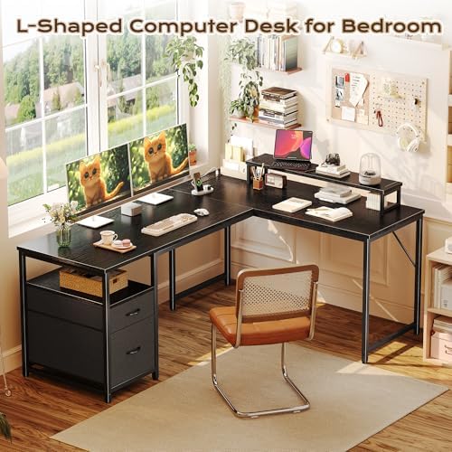 PRAISUN 55 Inch L Shaped Desk with Power Outlets and USB-C Port, Computer Corner Home Office Desk with File Fabric Drawers and Movable Monitor Stand, Larger Storage for Gaming, Work, Black - Image 3