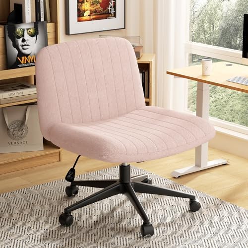 SUNLEI Cross Legged Office Chair, Armless Wide Chair's for Vanity Desk, Criss Cross Comfy Chairs with Back, Desk Chair/s of Height Adjustable Swivel, Light Pink by SUNLEI