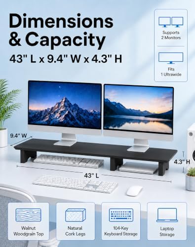 Aothia 43 in Black Solid Wood Dual Monitor Stand, Monitor Riser for Desk - Image 2