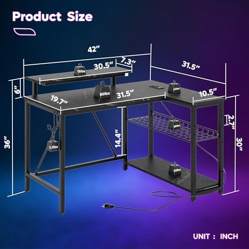 Bestier 42-Inch L-Shaped Gaming Desk with Charging & LED, Marble Black - Image 3