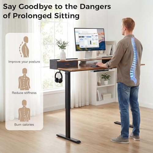 Electric Standing Desk with Drawers, 63 Inch Height Adjustable Desk with Power Outlets & LED Lights, Sit Stand Table with Monitor Stand for Home, Office, Brown - Image 4