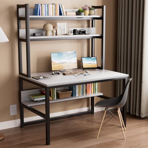 Aquzee Computer Desk with Shelves, 47" W x 23.6" D Gaming Desk with Hutch and Bookshelf, White Study Table for Bedroom Space Saving with 3 Tier Storage Shelf, Home Office Desk for Writing Work - Image 4