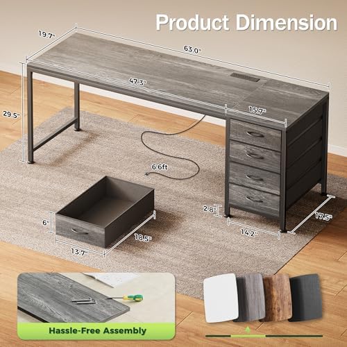 PRAISUN 63 Inch Computer Office Desk with Power Outelts and USB-C Port, Reversible Gaming Desk with 4 Fabric Drawers, Work Study Desk Work from Home, Grey - Image 3