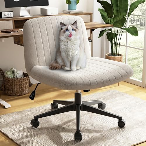 SUNLEI Cross Legged Office Chair with Wheels, Armless Wide Chair's for Vanity Desk, Criss Cross Comfy Chairs with Back, Desk Chair/s of Height Adjustable Swivel, White - Image 2