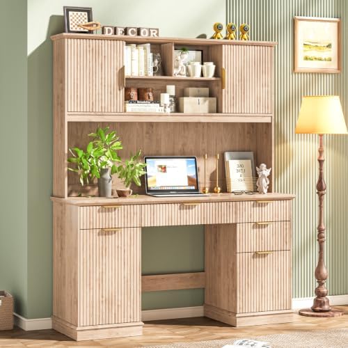 Vabches Farmhouse Executive Desk with 5 Drawers & 3 Storage Cabinets,Oak by Vabches