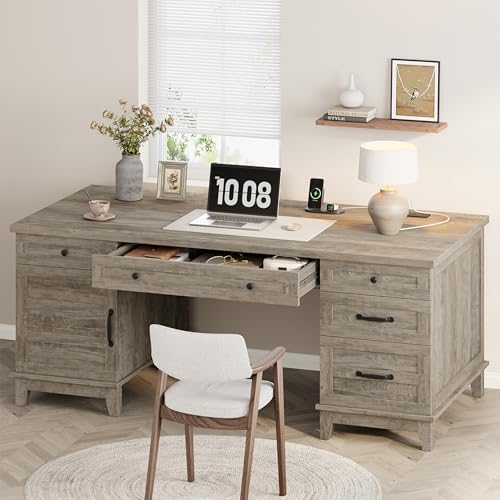 60" Traditional Home Office Desk with Power Outlets, Wooden Executive Desk with File Cabinet and Drawers, Farmhouse Wood Work Desk for Work, Study, Writing, Gray by SLEKVERSA
