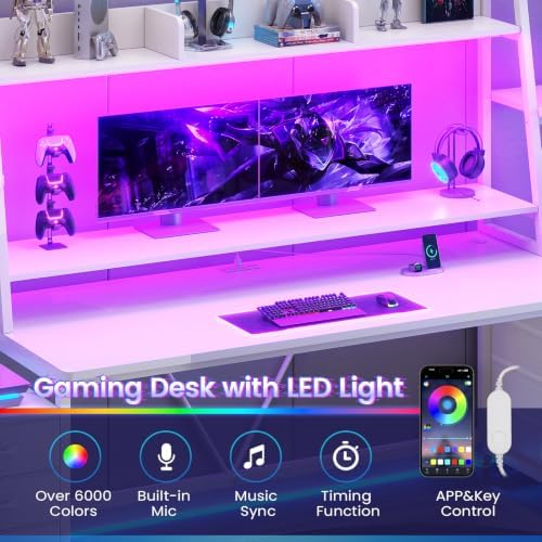 SEDETA Gaming Desk with LED Lights, 8 Drawers and Storage Shelves, White - Image 5