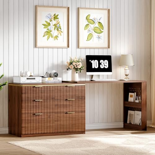 Ieejdn Computer Desk with 6 Drawers, 78" Modern Writing Desk with 0.98" Thickened Desktop & Storage Shelves, Adjustable direction & Extendable Executive Office Desk Study Table for Home Office, Walnut by Ieejdn