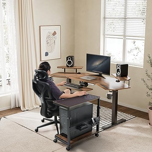 EUREKA ERGONOMIC PC Stand Computer Cart, Height Adjustable Tower Stand 2-Tier Suit for ATX Case Printer, Metal Rolling Cart on Wheels for Gaming Home Office, Walnut - Image 2