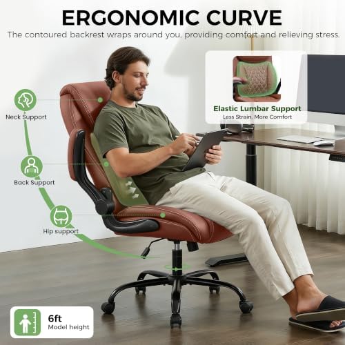 Office Chair, Ergonomic Executive Desk Chair with Lumbar Support for Lower Back Pain Relief, Padded Flip-Up Armrests, Leather Home Office Chair, Brown - Image 3