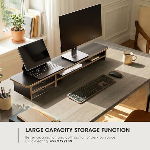 Fenge Monitor Stand, Desk Computer Riser with Frosted Storage Drawer, Black - Image 6