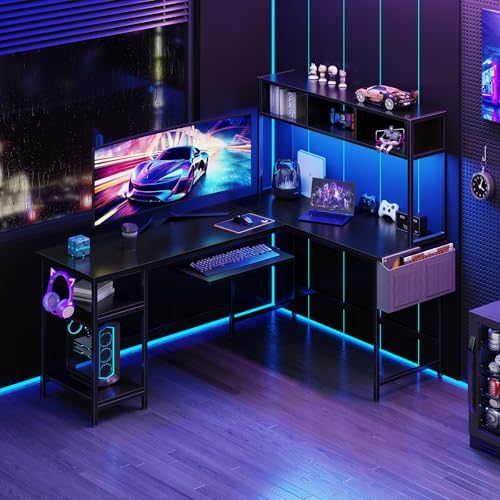 DUMOS 67" L Shaped Gaming Desk, Reversible Computer Desks with LED Lighting - Image 4