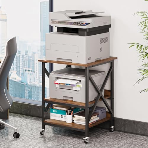 VENNQD 23.6 x 23.6 x 30.3 Inches Printer Stand, Large Printer Table with Adjustable Middle Shelf, Rolling Printer Cart with Wheels, 3 Tier Printer Table for Home Office Scanner Fax, Rustic Brown - Image 2