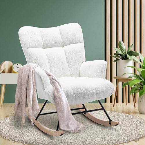 SAETSFEG Rocking Chair Nursery Teddy Upholstered Glider Rocker Rocking Accent Chair Padded Seat with High Backrest Armchair Comfy Side Chair for Living Room Bedroom Offices (White Teddy) by SAETSFEG