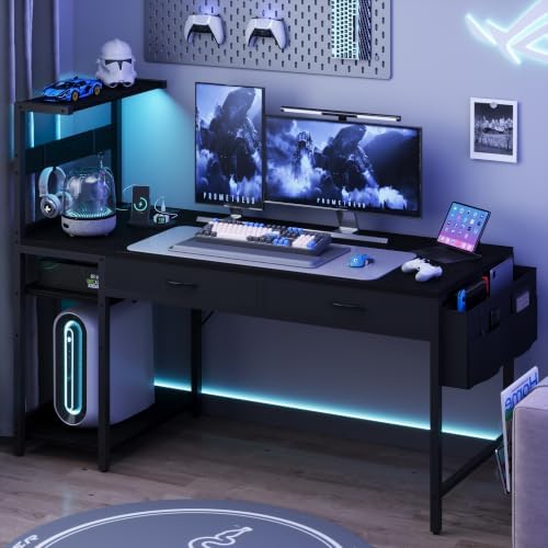 48 Inch Small Gaming Desk with Drawers & Led Lights & Storage Bag, Black - Image 2