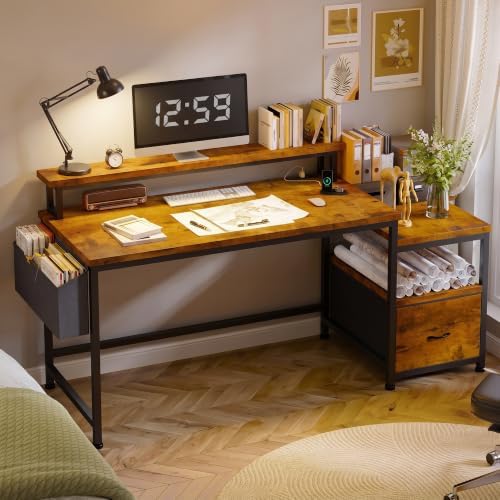 EnHomee 56.5" Office Desk with Drawers & Printer Space for Home Work,Brown - Image 4