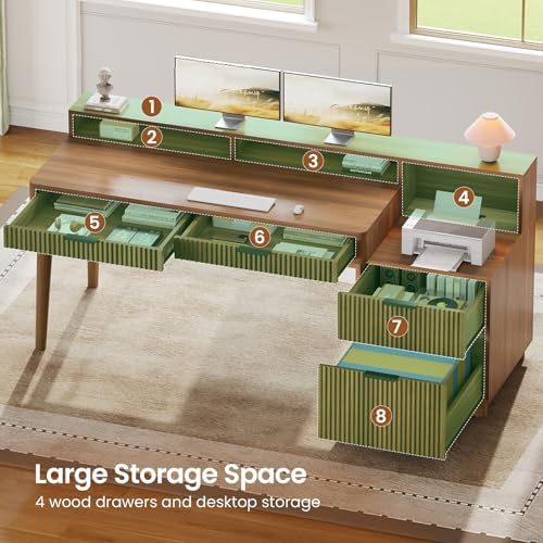 SEDETA Modern Office Desk with 4 Drawers, 59" Fluted Gaming Computer Desk with Storage, LED Lights and Power Strip, Wood Writing Desk Study Table for Home Office, Living Room, Bedroom, Brown - Image 5