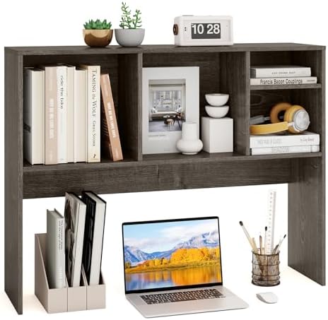 GOFLAME 4 Cubes Desktop Bookshelf, 37” Tabletop Wood Desk Shelf for Computer Monitor, Modern Countertop Desk Display Hutch Storage Organizer Shelf for Home Office, Dorm, Study, Gray by GOFLAME
