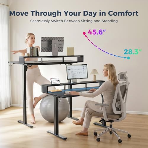Klicelor Electric Standing Desk with Shelf, 55 Inch Height Adjustable Desk with Power Outlets & LED, Sit Stand Up Table with Monitor Stand, Computer Workstation for Home Office, Black - Image 6