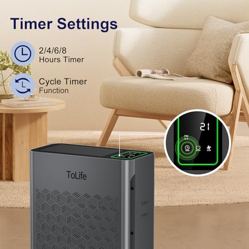 ToLife Air Purifiers for Home Large Room Up to 1295 Ft² with PM 2.8 Display Air Quality Sensor, Auto Mode, Timer, Air Purifier for Bedroom Filters Smoke, Pollen, Pet Dander, Allergies, Grey - Image 6