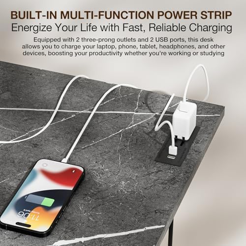 TEMI Small Computer Desk Folding Table - No Assembly, Compact 55.1" Foldable Desk with Power Outlets & USB Charging Port, Portable Small Office Desk, Ideal Mini Study Table, Marble Greige - Image 5