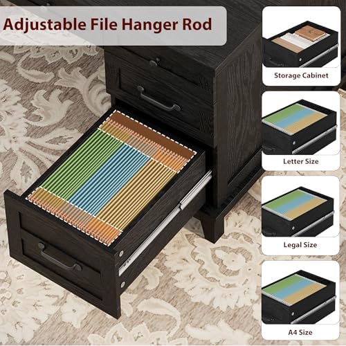60" Traditional Home Office Desk with Power Outlets, Wooden Executive Desk with File Cabinet and Drawers, Farmhouse Wood Work Desk for Work, Study, Writing, Black - Image 6