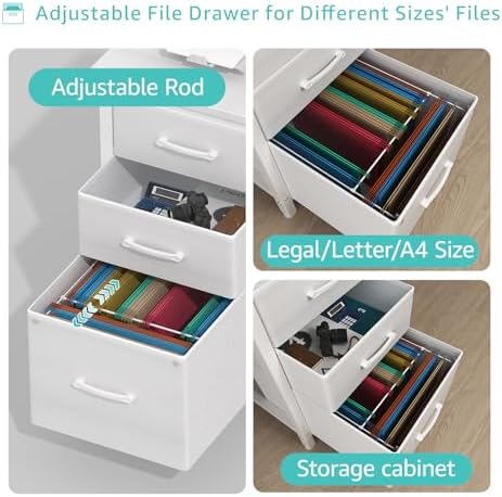 Lufeiya White Desk with File Drawers Cabinet, 47 Inch Reversible Computer Desk with Fabric Filing Cabinet for Bedroom Small Space Home Office, Modern Writing Table PC Desks, White - Image 5