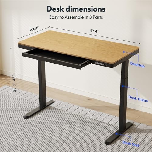 FLEXISPOT Comhar 48" Electric Standing Desk with Drawers, USB Charging Ports, Quick Assembly, Height Adjustable Sit Stand Desk with Child Lock for Natural Home Office, Bamboo Finish Top/Black Legs - Image 3
