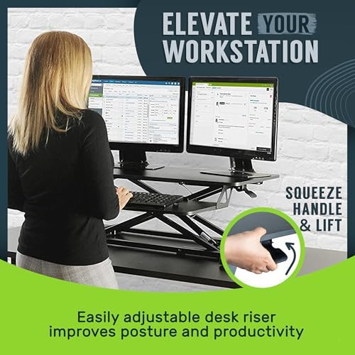 TechOrbits Standing Desk Converter - 32 Inch Adjustable Sit to Stand Up Workstation, Particle Board, Dual Monitor Desktop Riser with Keyboard Tray, for Home Office Laptop, Black 32" - Image 3