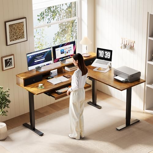 OffiGo 59 Inch L Shaped Electric Standing Desk with Drawers, Rustic Brown - Image 2