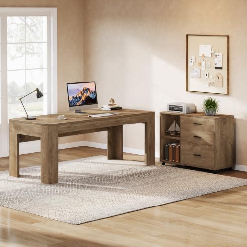 Tribesigns 63" L Shaped Desk with File Cabinet, Large Executive Office Desk with Rolling Filing Cabinet, Long Computer Table with Drawers and Shelves, Business Furniture Set for Home Office, Brown - Image 4