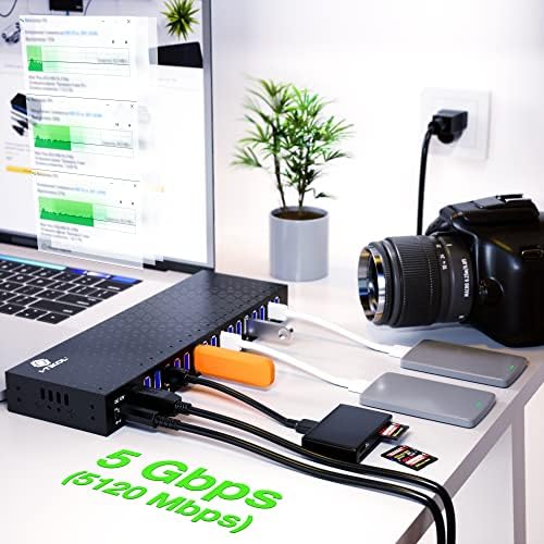 USB 3 0 Hub - 16 Ports Powered USB Hub - Desktop USB Expander Hub - up to 5Gbps High-Speed USB Splitter for Multiple Devices - Aluminum Alloy Multiple USB Hub w/AC Adapter for Laptop Phone Tablet PC - Image 2