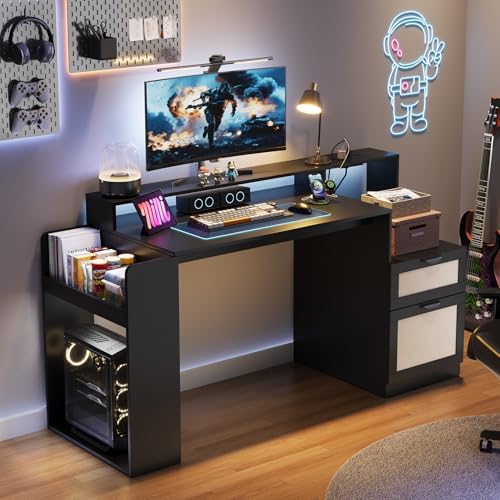 Farmhouse Computer Desk with Drawers and Power Outlets, 60” Home Office Desk with Adjustable File Drawer, Cat Scratching Pad, Printer Stand, Shelves & Monitor Riser, Black by vividwood