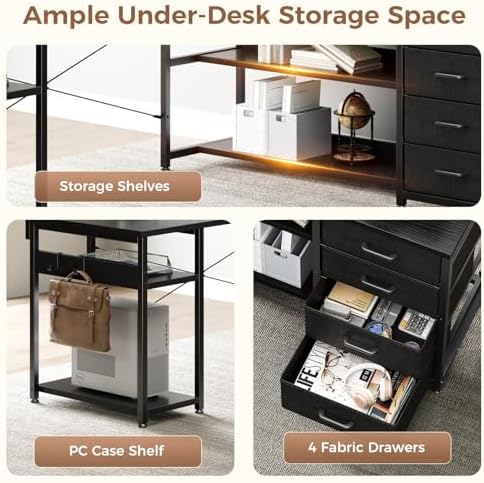 AODK 69" L Shaped Computer Desk with 4 Drawers, LED Lights, Black - Image 6