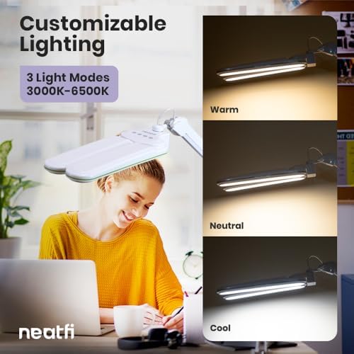 Neatfi Elite HD XL LED Desk Lamp | 3 Light Modes | Non-Polar Dimming | 17 Inches Wide | Eye-Caring Desk Light for Home Office, Drafting, Beauty Shop, Workbench (Green Ring, CCT with Clamp) - Image 6